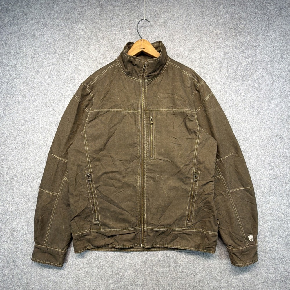 Kuhl Burr Vintage Patina Dye Brown Canvas Fleece Lined Trucker Work Jacket Men M
